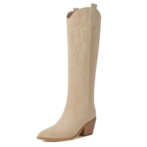 Reitoye Women's Embroidered Western Knee High Boot with Pull-Up Tabs — Beige Suede Embroidery