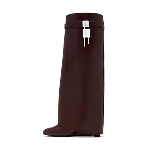 Black Heeled PadLock Pant Knee High Boots - Fold Over Wedge Booties — Burgundy