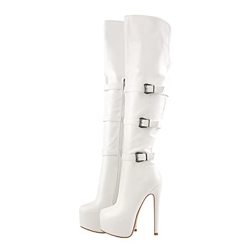 Richealnini Women's Knee-High Platform Stiletto Booties with Zipper — White 01