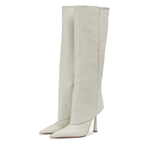 Goolita Women's Pointed Toe Knee High Stiletto Heel Fold Over Boots Fashion & Comfortable — White
