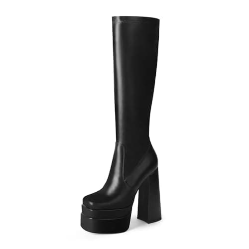 Wetkiss Chunky Heel Stretch Knee High Boots for Women — Black