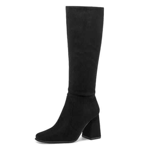 mysoft Women's Knee High Block Heel Square Toe Long Dress Boots — Black Suede