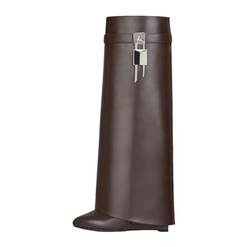 Black Heeled PadLock Pant Knee High Boots - Fold Over Wedge Booties — Ebony Brown