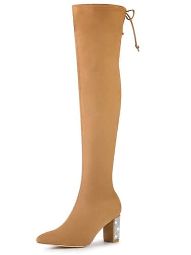 Allegra K Women's Chunky Heels Over the Knee Rhinestone Boots — Camel