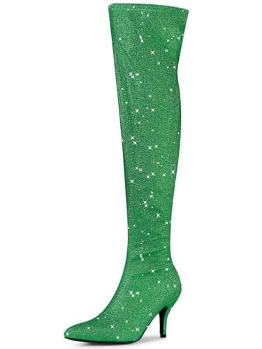 Allegra K Women's Glitter Knee High Stiletto Heel Boot — Green