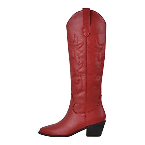 Richealnana Women's Cowgirl Short Embroidered Boots with Chunky Heels — Red