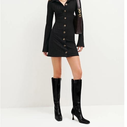 Devht Black Leather Knee High Stiletto Boots for WomenSexy Square Toe & Zipper DesignFashion
