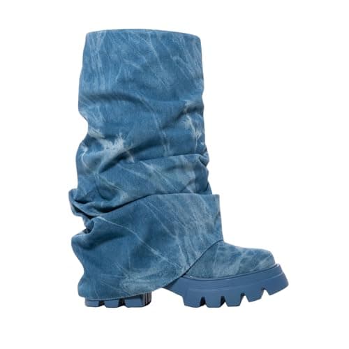 DETOGNI Women's Metallic Mid Calf Pull-On Chunky Platform Booties