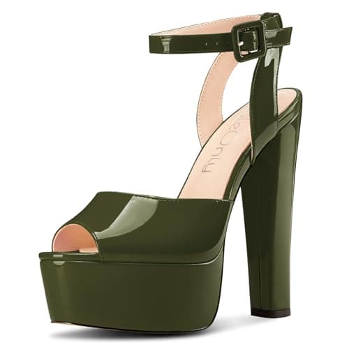 NobleOnly Chunky Heel Ankle Strap Sandals for Women Wedding Party Prom 5.9 Inches — Olive Green