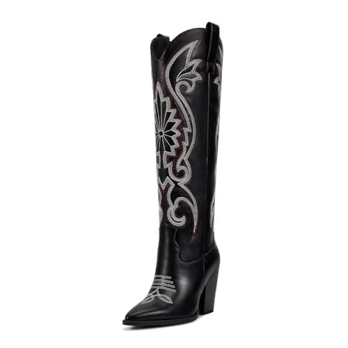 ISNOM Women's Cowboy Knee High Boot with Embroidered Pointed Toe