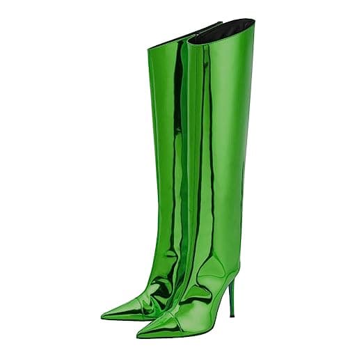 Arqa Women's Chrome Zipper Knee High Stiletto Heel Boot — Green