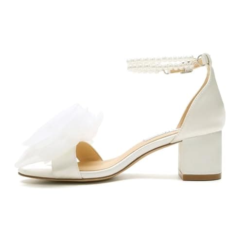 Pearl Heels Bridal Sandals with Bow Block Heel for Bride