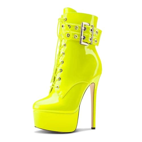 Womens Aachcol Stiletto Heel Platform Ankle Boots Patent Leather Zipper Buckle — Yellow