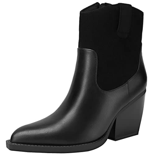 OOHRHN Women's Glitter Rhinestone Cowboy Booties Chunky Heel Pearl Detail — Black