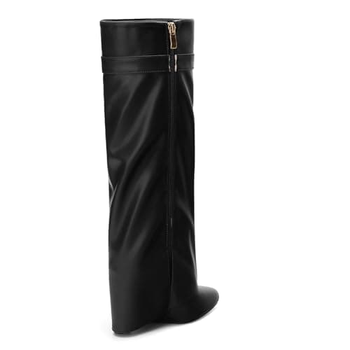 DEMOSHINE Women's Knee High Zipper Fold Over Wedge Heel Boots