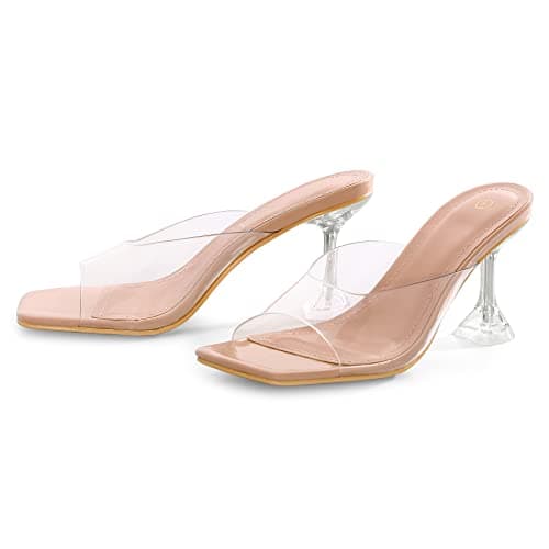 mysoft Women's Clear Stiletto Heeled Sandals Square Toe Open Toe Slip On