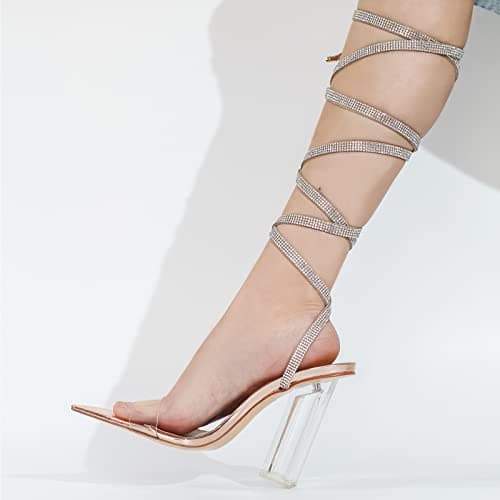 Women's Clear Block Heel Lace Up Rhinestones Sandals