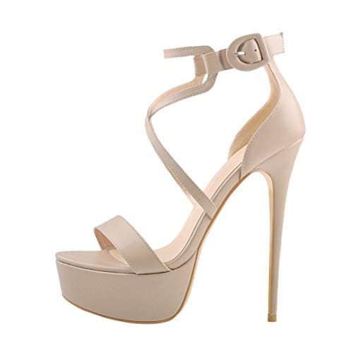 Women's Platform Crisscross Ankle Buckle Stilettos Sandals — Beige