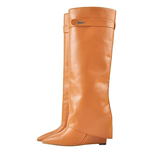 Richealnana Women's Fold Over High Heel Knee High Boots — Orange