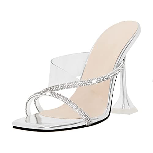 Women's Rhinestone Square Toe Sandal Mules — Silver