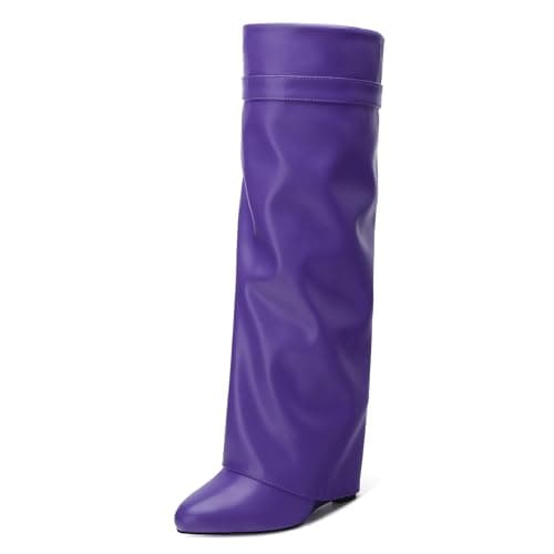 DEMOSHINE Women's Knee High Zipper Fold Over Wedge Heel Boots — Purple