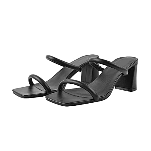 Richealnana Women's Square Toe Chunky Heels Mule Slides — Black