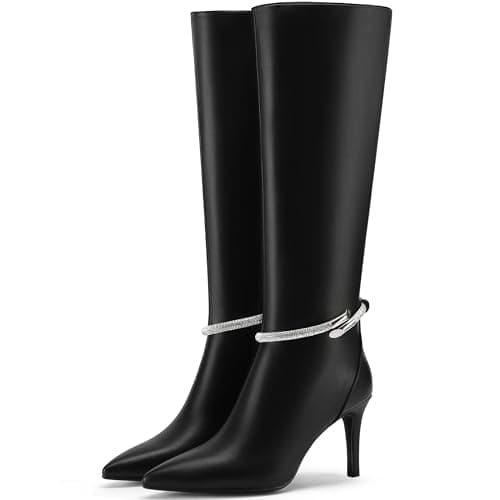 FINDVELL Women's Sparkly Rhinestone Knee High Stiletto Boots with Zipper