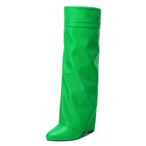 DEMOSHINE Women's Knee High Zipper Fold Over Wedge Heel Boots — Green
