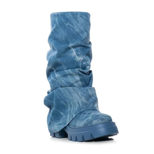 DETOGNI Women's Metallic Mid Calf Pull-On Chunky Platform Booties