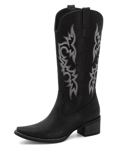 MISSMILLER Women's Embroidered Square Toe Cowboy Cowgirl Boots Western Mid Calf Heel — Black