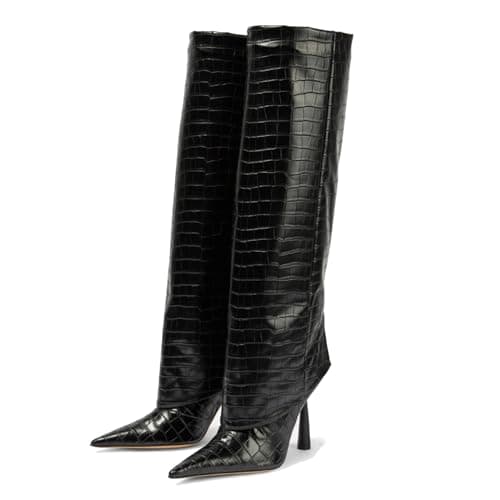 Vertundy Women's Pointed Toe Stiletto Heel Knee High Fold Over Boot — Black Crocodile Pattern