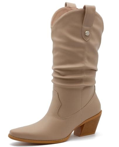 MISSMILLER Women's Embroidered Square Toe Cowboy Cowgirl Boots Western Mid Calf Heel — Nude-pu