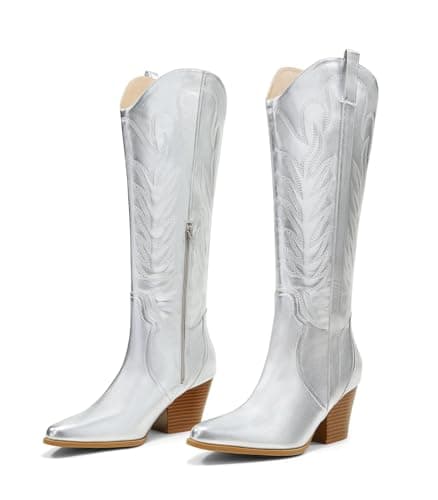 Comfortable Women's Arromic Embroidered Knee High Western Cowgirl Boots — Silver Pu