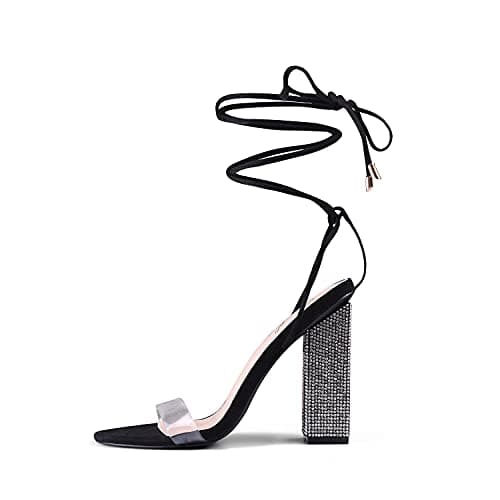 Genshuo Women's Strappy Rhinestone Chunky Heel Open Toe Party Wedding Shoes — Black