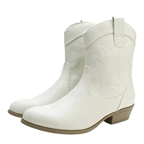 PEPPEP Collection Western Cowgirl Boots for Women, Vegan Leather, Embroidered Mid Calf Heel — Cream