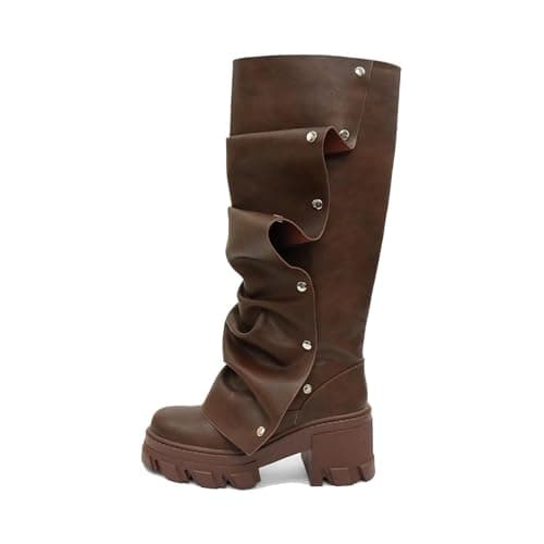 KaroNairy Women's Knee High Stiletto Boot with Detachable Panel — Brown Pu