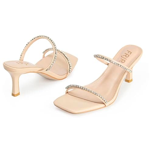 FRJR Women's Sparkly Rhinestone Kitten Heel Sandals with Stiletto Strap for Party Prom Wedding