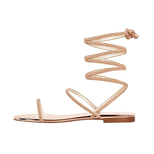 Women's Rhinestone Crisscross Strap Flat Sandals — Gold