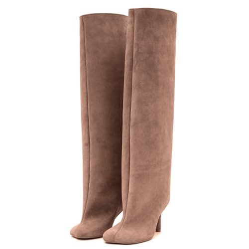 VOMIRA Women's Narrow Calf Nude Suede Knee High Stiletto Boot — Brown Suede