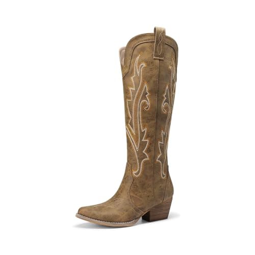Dream Pairs Retro Women's Cowboy Knee High Embroidered Tall Boot — Tan