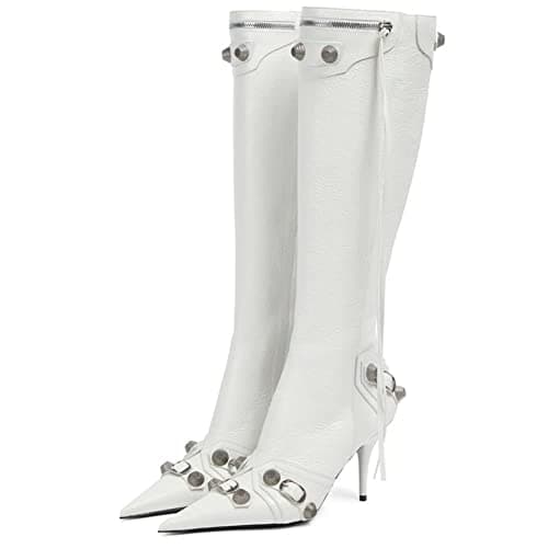 Oiamenne Women's Fashion Knee High Zipper Stiletto Heel Boots — White