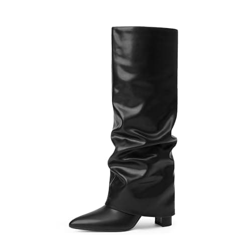 Modatope Chunky Heel Knee High Zipper Boots for Women — Black Slouchy
