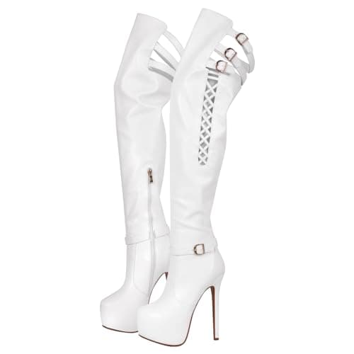 Richealnana Women's Thigh High Platform Boots — White