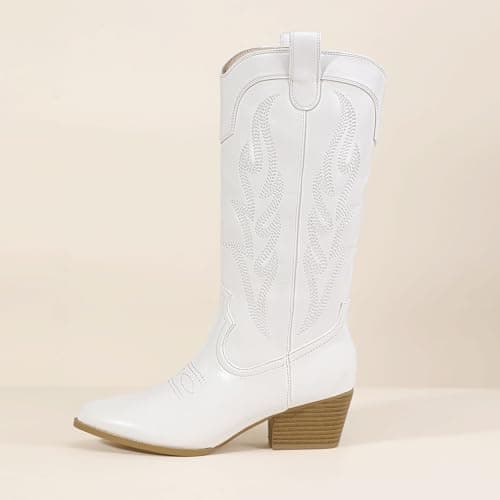 IDIFU IN2 Mid Calf Cowboy Boots for Womenchunky Low Heel Western Embroidery