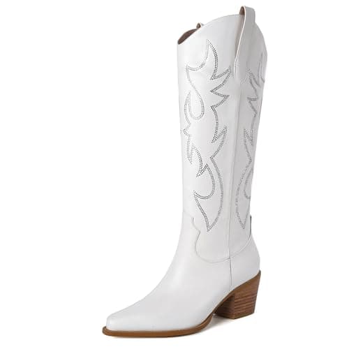 DOBOYG Women's Western Embroidered Cowboy Boots with Chunky Heel Perfect for Country Concerts — White-rhinestone