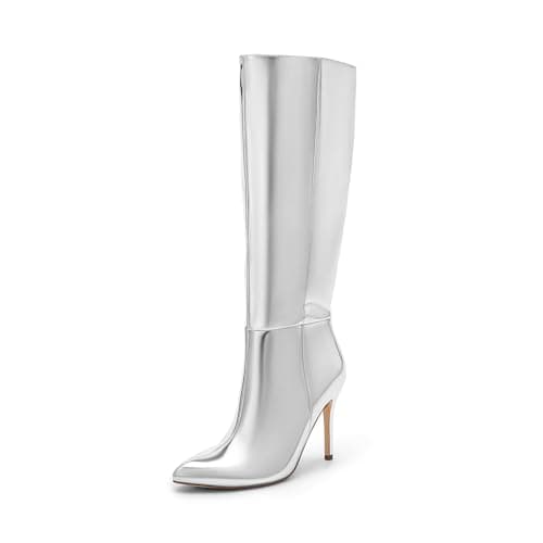Dream Pairs Women's Pointed Stiletto Boots: Fashion & Classic Knee-High Heels — Silver-pat