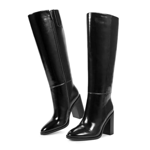 ISNOM Knee High Chunky Heel Zipper Boots for Tall Women — Black