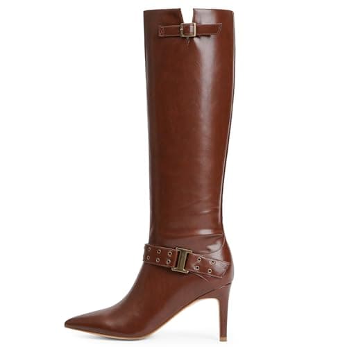 Modatope Women's Knee High Stiletto Heel Zipper Boot — Metallic Buckle-brown