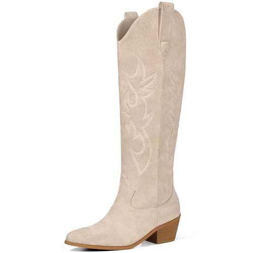 Ouepiano Women's Knee High Embroidered Cowboy Boots — Tan