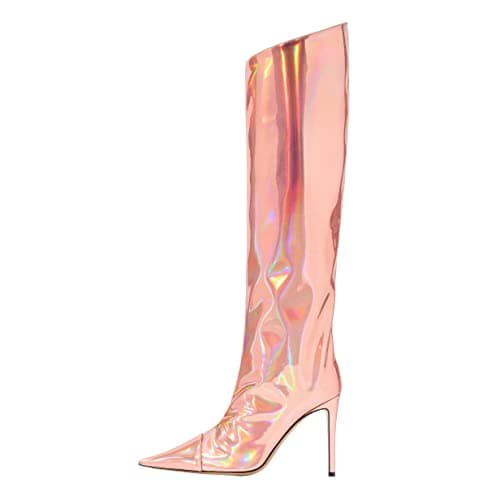 Arqa Women's Chrome Zipper Knee High Stiletto Heel Boot — Pink
